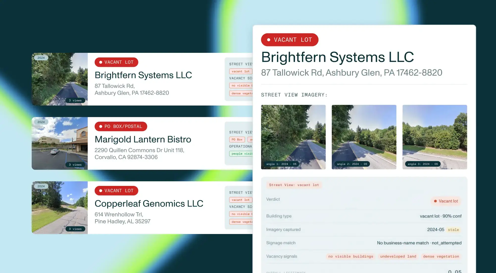 A collage of property listings: Brightfern Systems LLC vacant lot, Marigold Lantern Bistro, and Copperleaf Genomics LLC, with street view imagery.