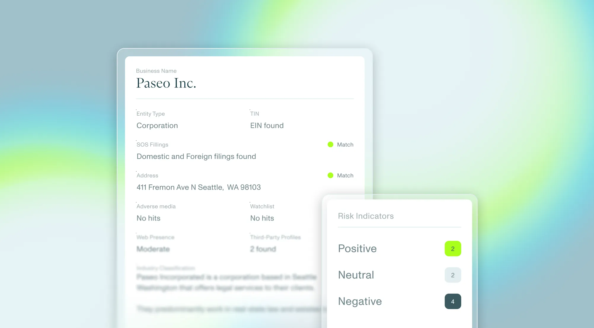 Middesk Underwriting Suite offers a unified report of business identity, ownership, liens, bankruptcies, and person-level risk checks into one real-time file.