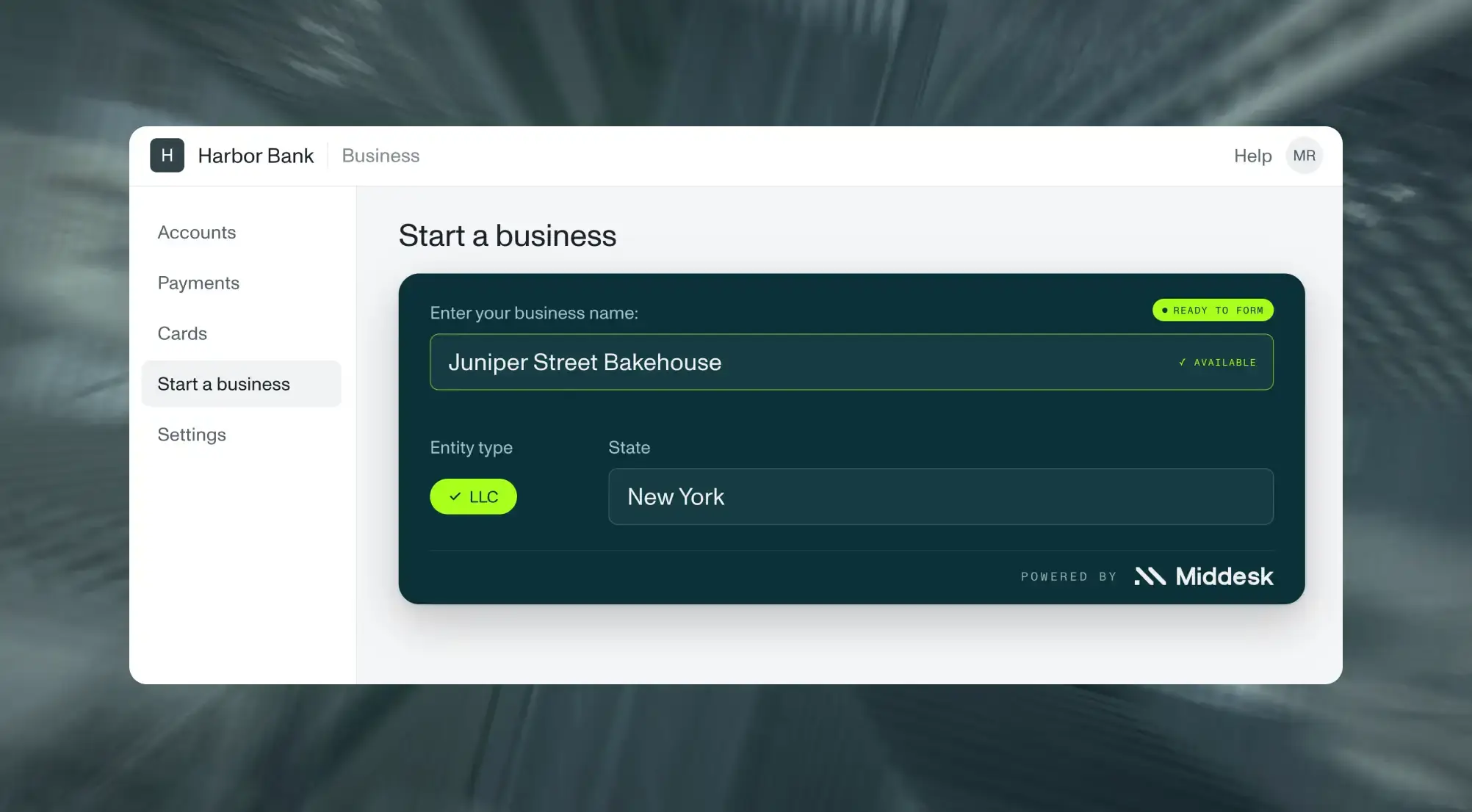 Bank interface for starting a business. Fields display "Juniper Street Bakehouse" in New York, as an LLC. Powered by Middesk.