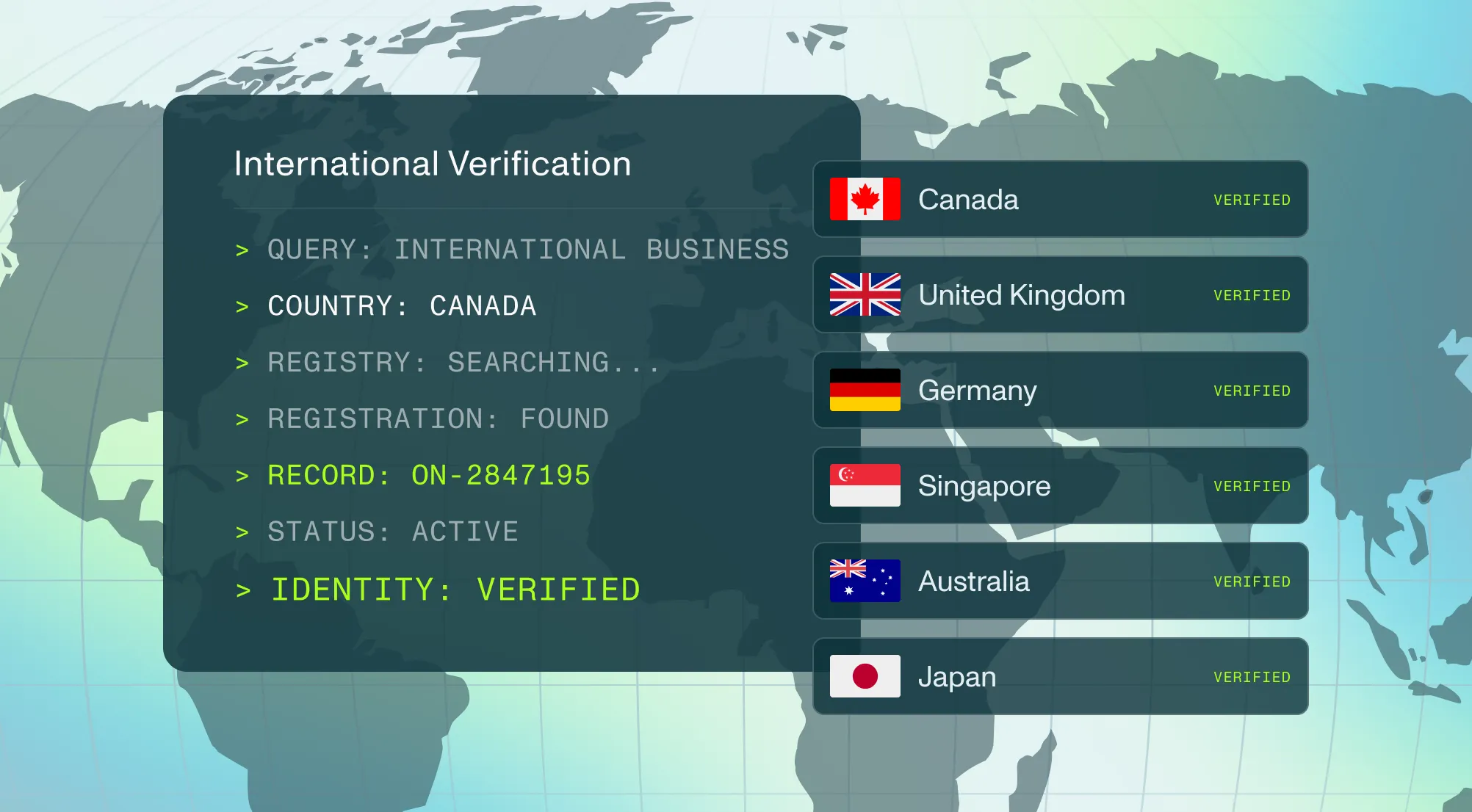 Image showing Middesk's international coverage for business verification in Canada, Europe, and APAC.